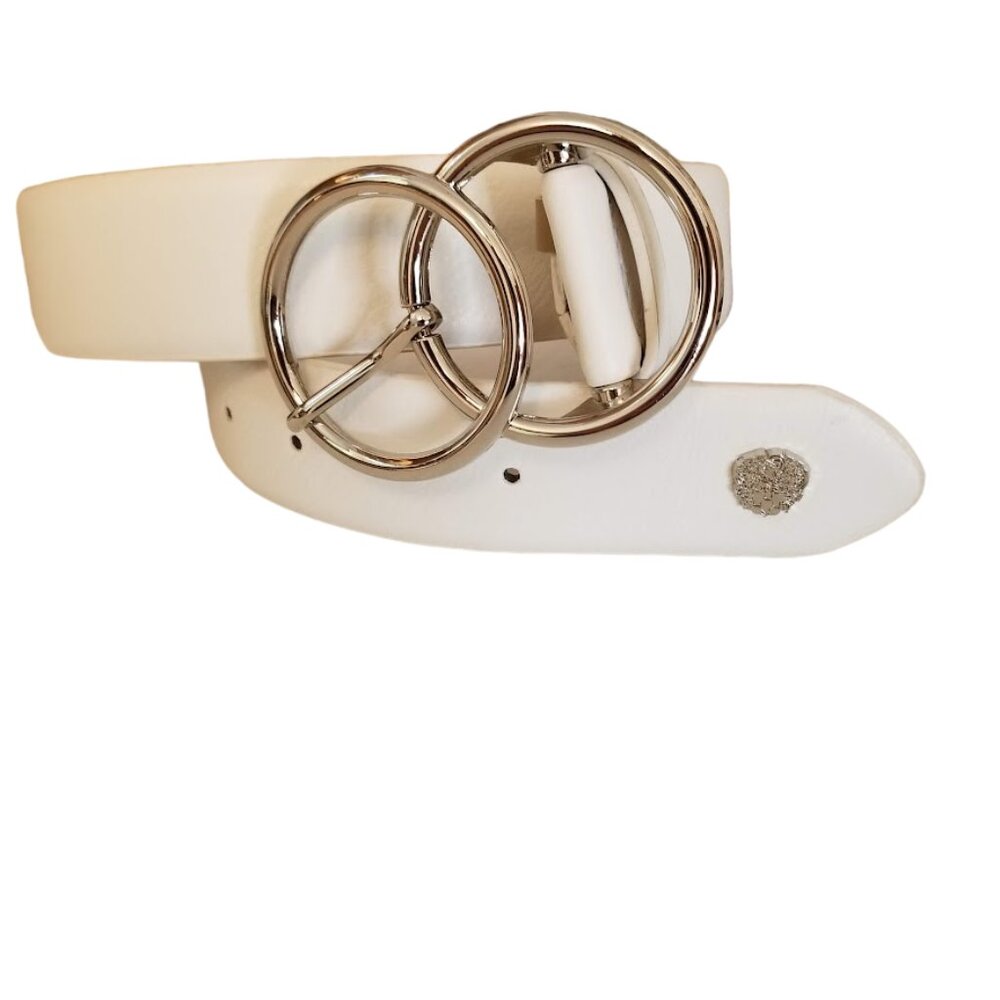 Women's XL Wide Vegan Leather White Belt, Faux, Silver tone Double Circle Buckle